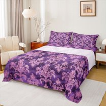 Feelyou Purple Boho Damask Queen Sheet Sets, Retro Western Fashion Bed Set, 4-Piece