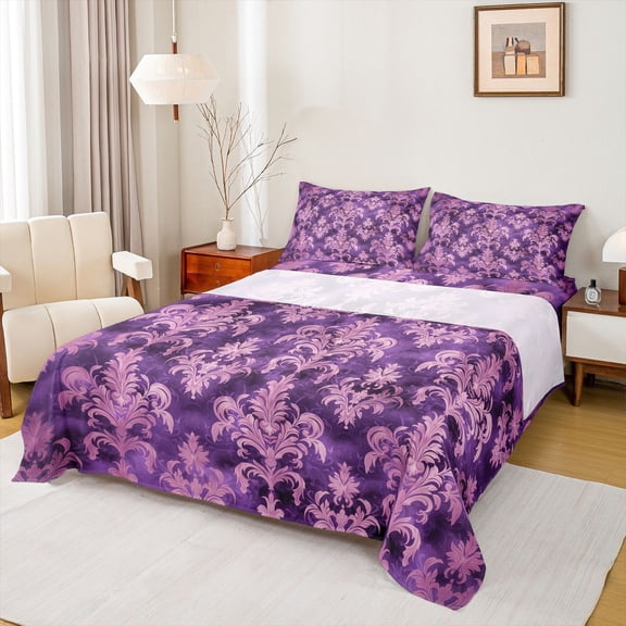 Feelyou Purple Boho Damask Full Size Sheets, Retro Western Fashion Bed Sheets, 4-Piece