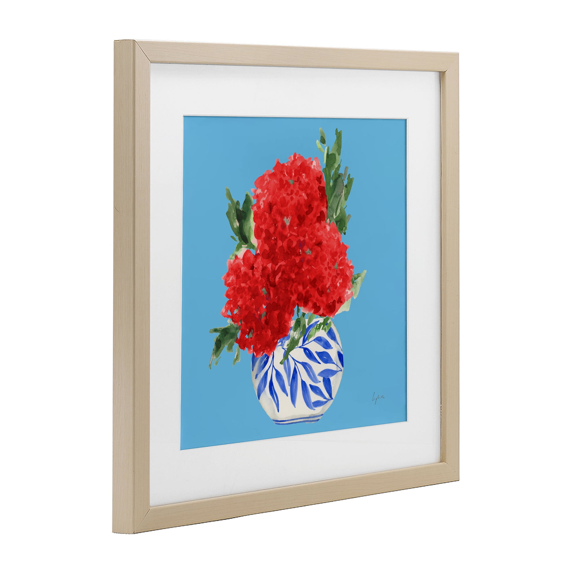 Stupell Industries Red Hydrangeas Blue Vase Birch Framed Print Under Glass, design by Lucille Price