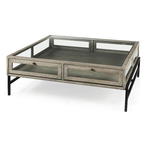 Pemberly Row 42" Square Glass Top Display Coffee Table in Gray And Black