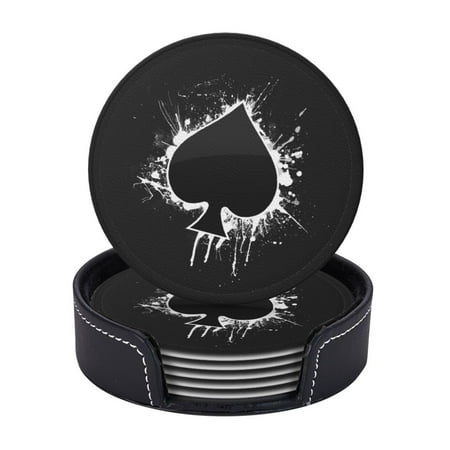 

LNWH Coasters Poker Spades Aces Leather Round Coasters Set of 6 for Kitchen Dining Room Living Room Bar - Tabletop Waterproof and Anti-scald