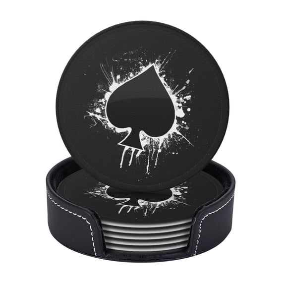 LNWH Coasters, Poker Spades Aces Leather Round Coasters Set of 6 for Kitchen Dining Room Living Room Bar - Tabletop Waterproof and Anti-scald