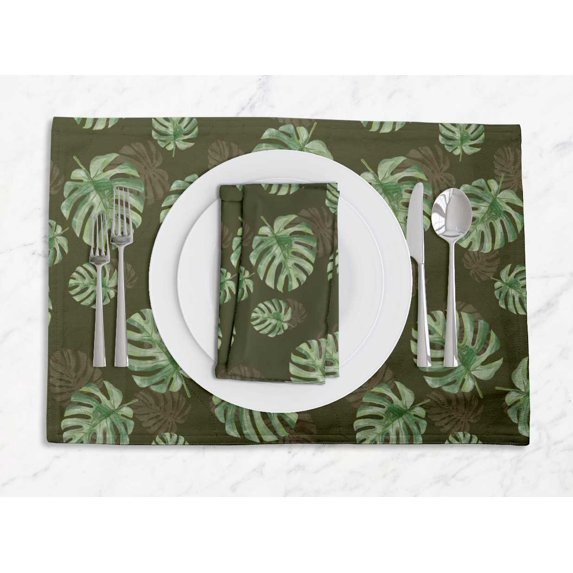 S4Sassy Green Monstera Leaves Washable Printed Dining Reversible Tablemats With Napkins Set