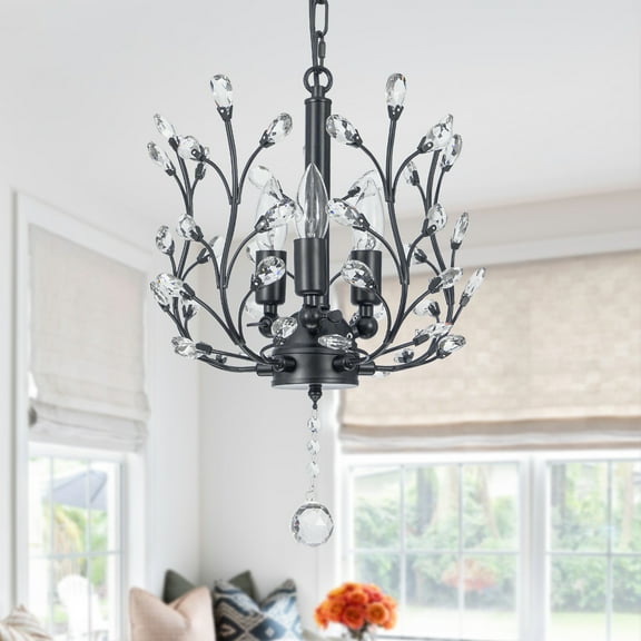 KPIBEST 18 Inch 3-Light American Traditional Crystal Chandelier, Kitchen Island Decorative Chandelier for Bedroom, Porch, Dining Room, Hallway (Black)