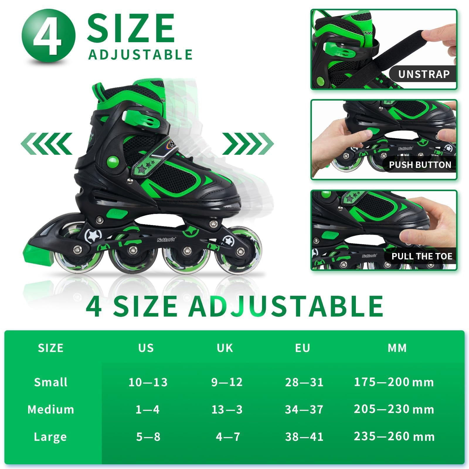 MammyGol Adjustable Inline Skates with Light-Up Wheels for Boys Girls Outdoor Sports, Comfort Youth Kids Skates Green 9-12