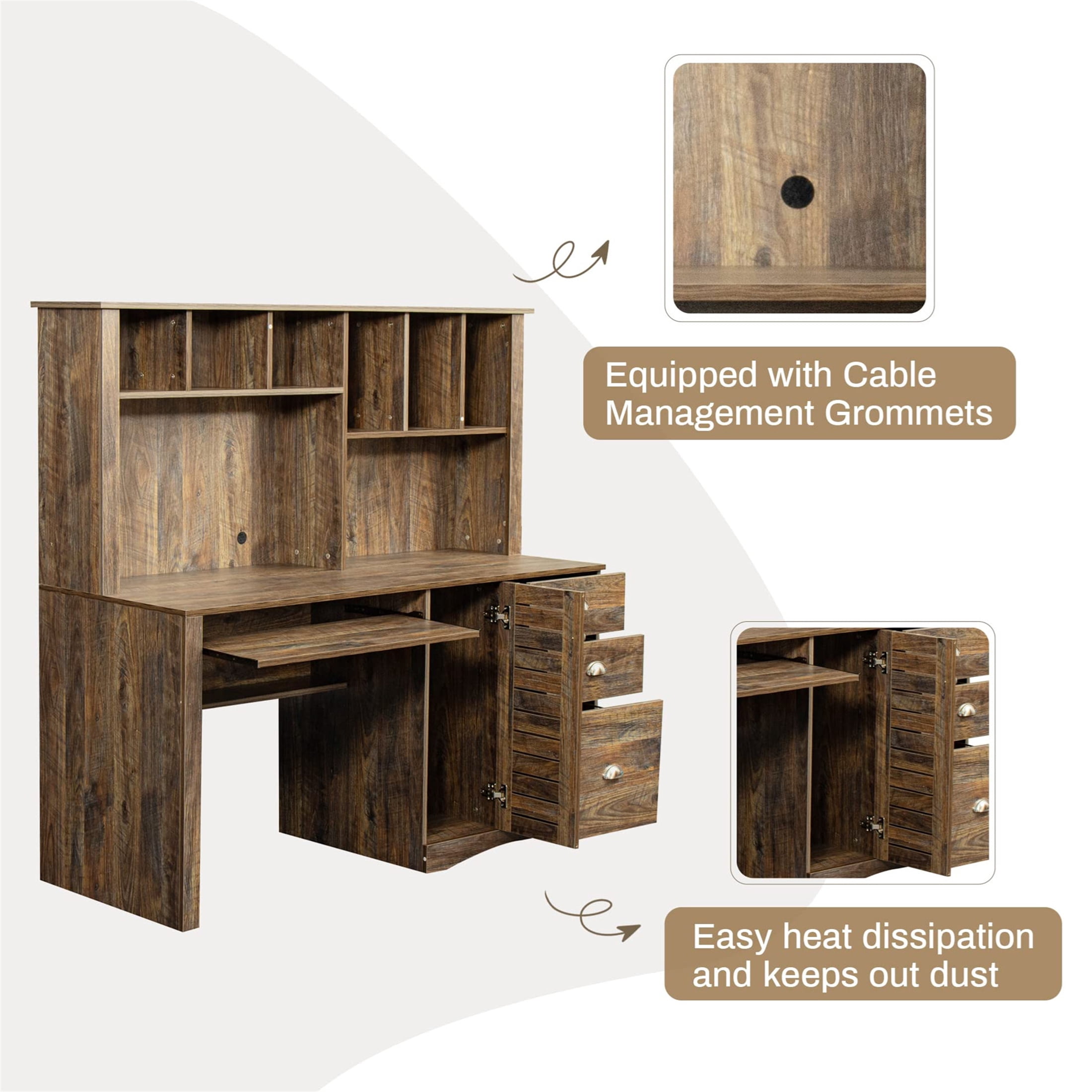 Aukfa 59" Computer Desk with Hutch for Home Office, 3 Drawers, Keyboard Tray, Brown