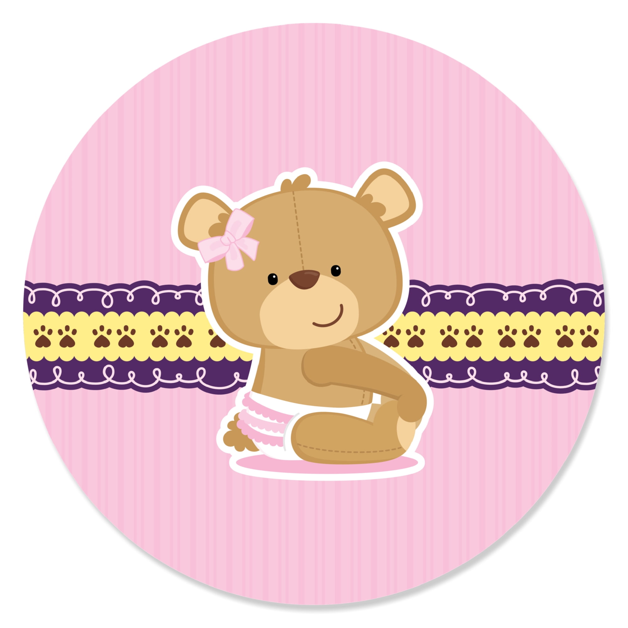 Big Dot of Happiness Girl Baby Teddy Bear - Party Favors Baby Shower Circle Sticker Labels - 24 Ct