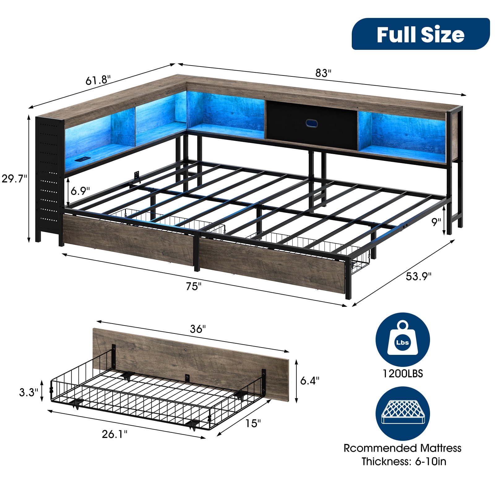 Lusimo Full Corner Bed Frame with Bookcase Storage and LED Lights & Charging Station, Metal Platform Bed Frame with Storage Drawers Underneath for Bedroom, Gray