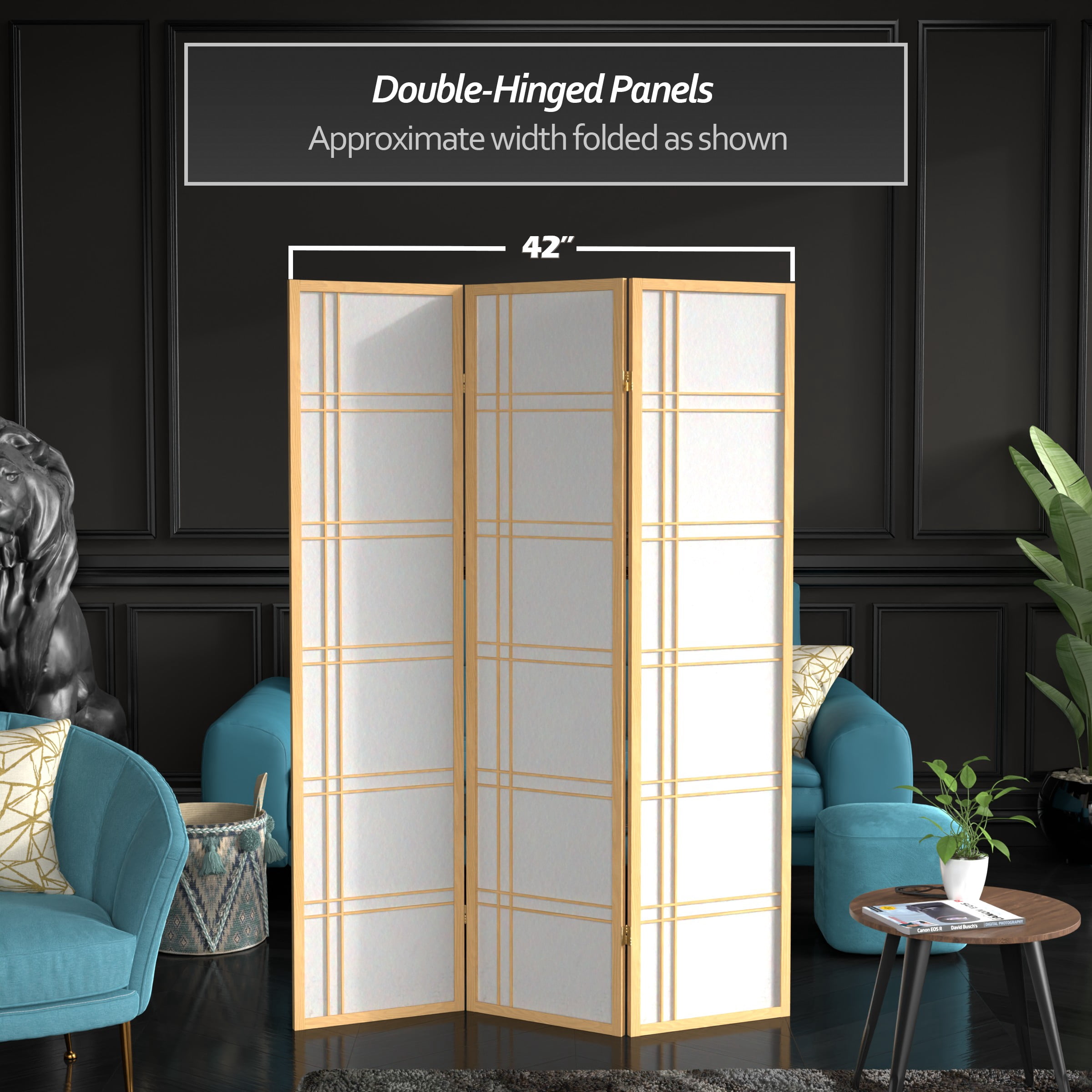 6 ft. Tall Natural Three-Panel Shoji Screen Room Divider with Double Cross Design