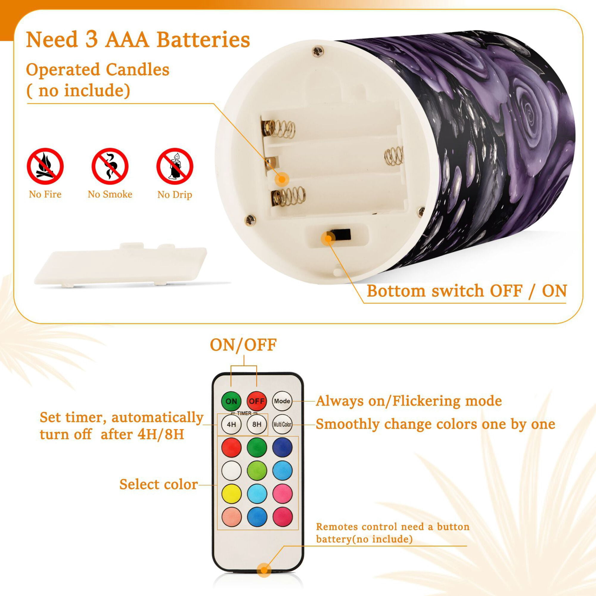 Yayeee Flameless Candles with Remote Flickering Battery Operated Multi Color Changing, Purple Roses