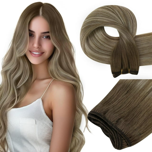 Extensiones De Cabello Easyouth Para Coser, Cabello Humano Real, Extensiones De Cabello Balayage Para Coser En Marrón Castaño Que Se Desvanece A Rubio Platino, Mezcla De Trama Marrón, Extensión De Cab