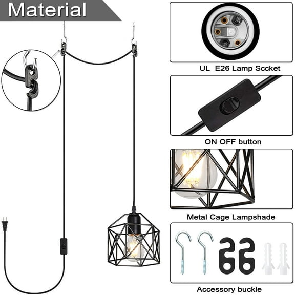 YJYASX-Industrial Plug-in Pendant Light, Black Farmhouse Hanging Ceiling Light, Vintage Metal Cage Wall Mount Lamp, 1-Light Fixture for Kitchen Island, Dining Room, E26 Base (Bulb Not Included)