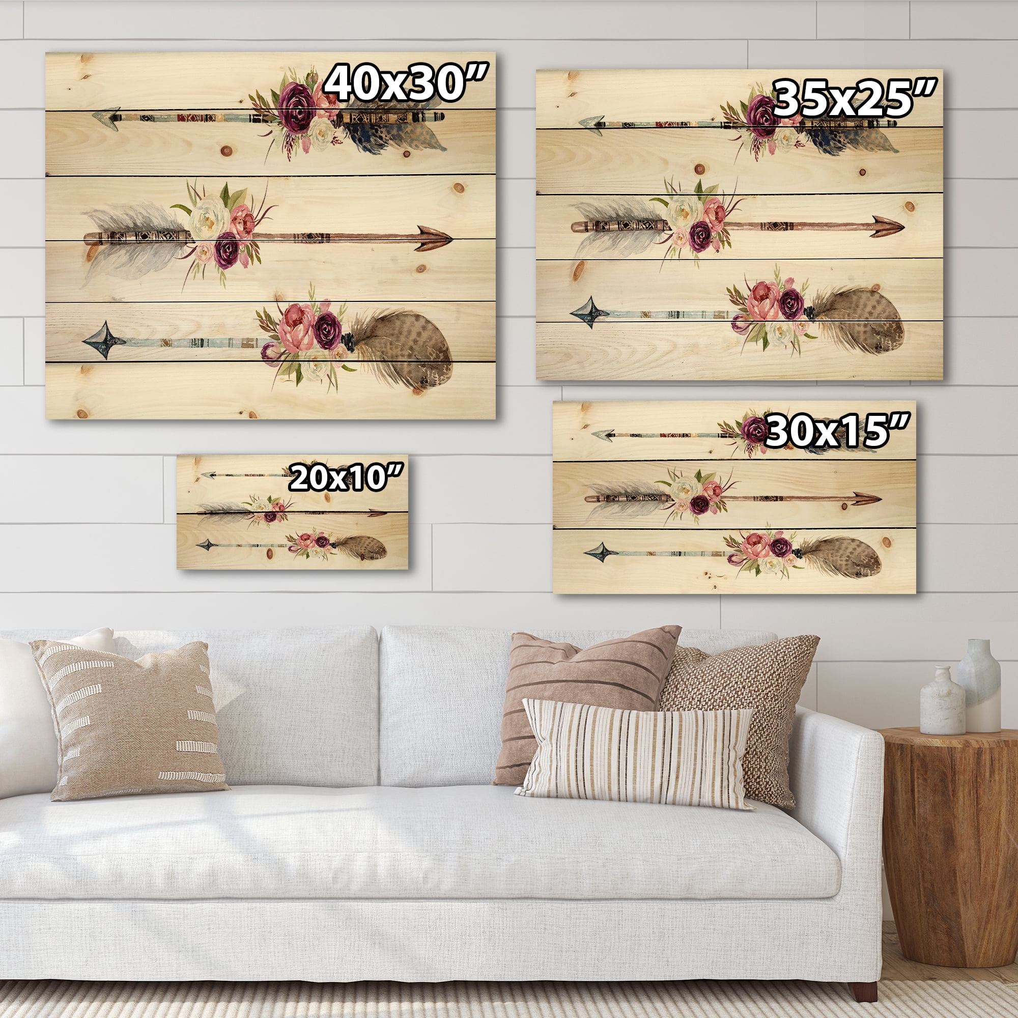 Designart 'Flowers and Ethnic Feathers On Native Arrows III' Bohemian & Eclectic Print on Natural Pine Wood