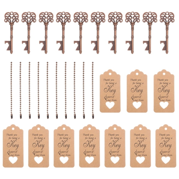 Vintage Key Bottle Openers, 73mm x 26mm, 10Pcs with Thank You Tags Key Chains for Wedding Party Decoration, Red Copper