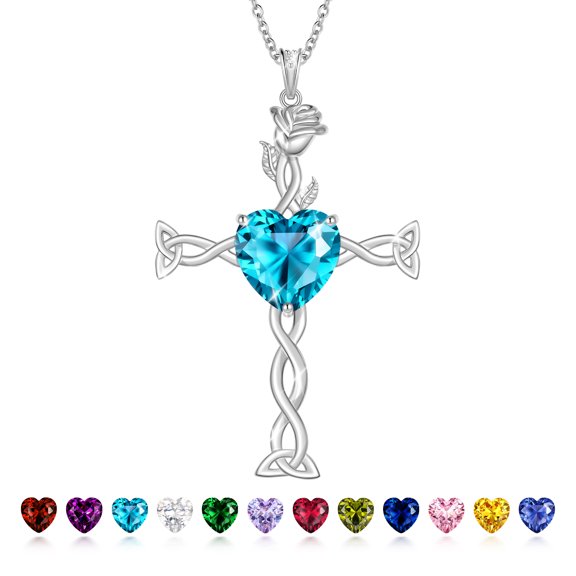 Juwaliy 925 Sterling Silver Plated Celtic Cross Necklace for Women,March Birthstone Rose Flower Pendant Irish Jewelry Christmas Valentines Birthday Gift for Mother/Wife/Daughter