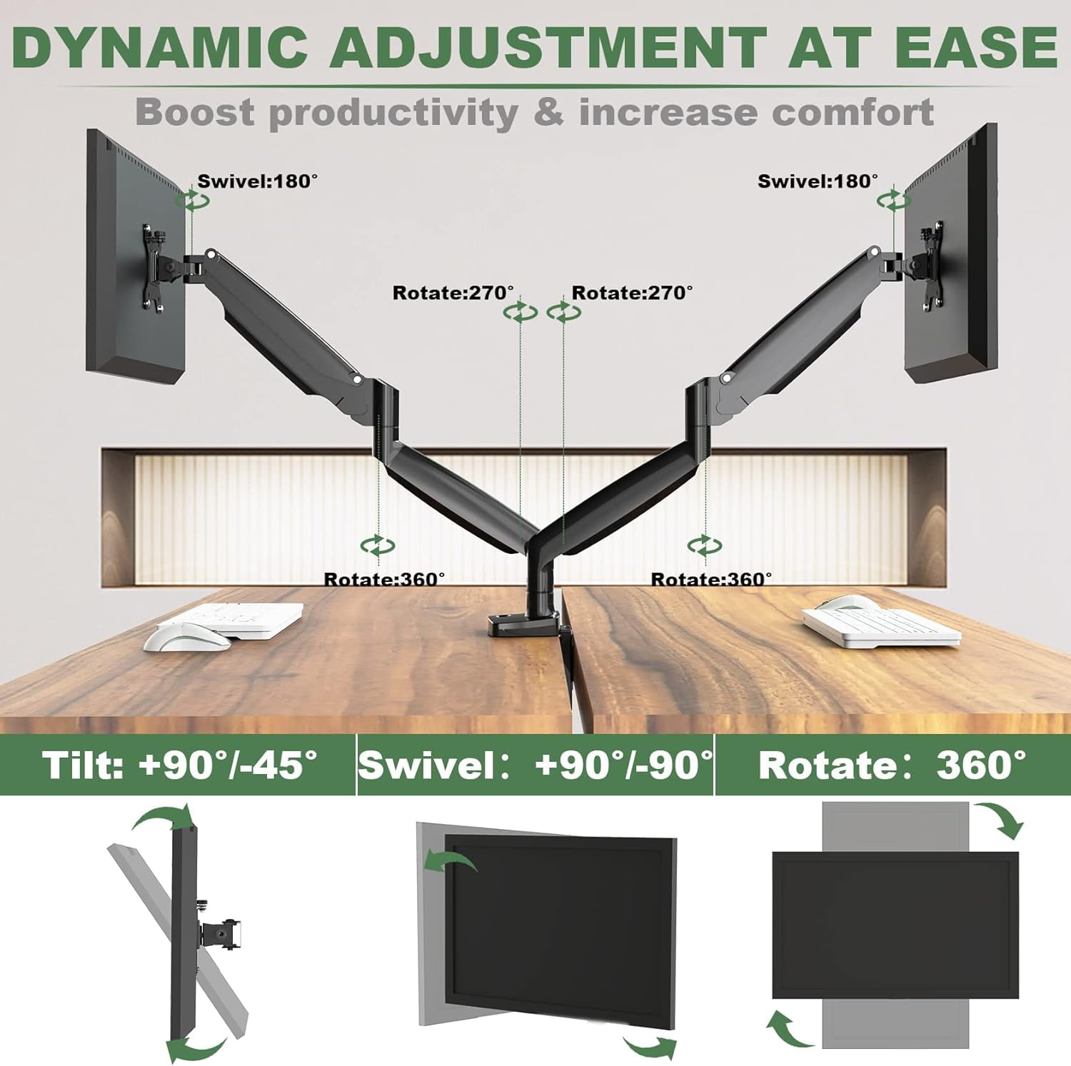 Dual Monitor Mount for Two Ultrawide 22-35 Inch Screens, Fully Adjustable Gas Spring Double Arm Stand with VESA 75x75/100x100mm, Holds 26.5lbs Each, Clamp & Bolt Mount