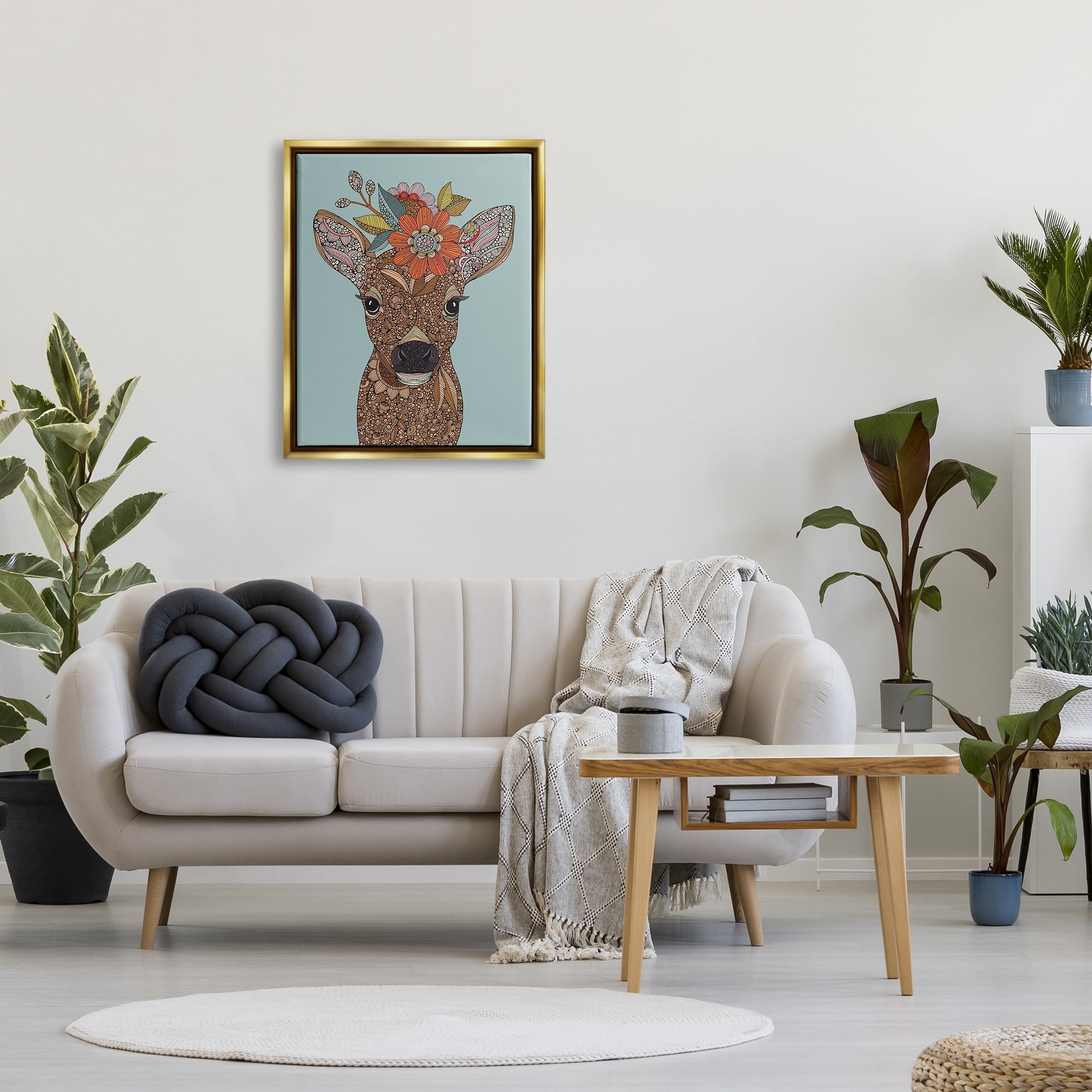 Stupell Industries Baby Deer Fawn Flower Crown Intricate Paisley Designs Graphic Art Metallic Gold Floating Framed Canvas Print Wall Art, Design by Valentina Harper
