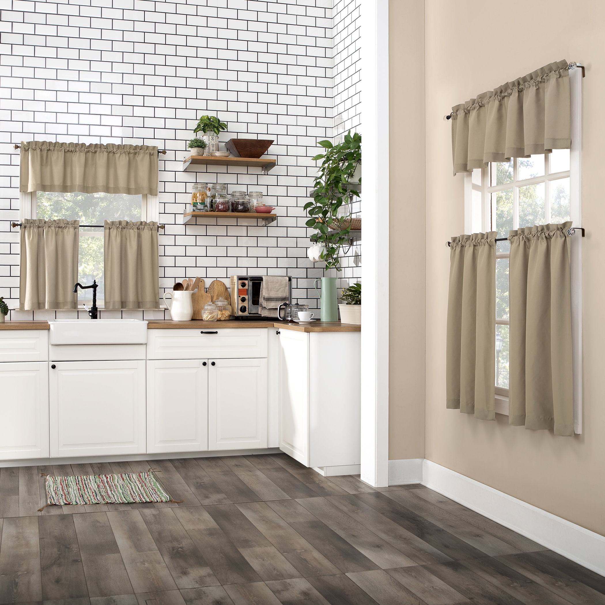 Mainstays 3-Piece Semi Sheer Rod Pocket Kitchen Window Tier Pair and Valance, 2 Café Curtains and 1 Curtain Valance, Taupe, 54"W x 36"L