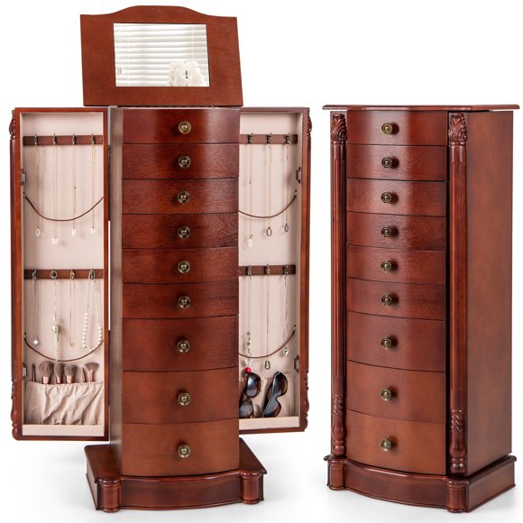 Costway Wood Jewelry Cabinet Armoire Box Storage Chest Stand Organizer Necklace