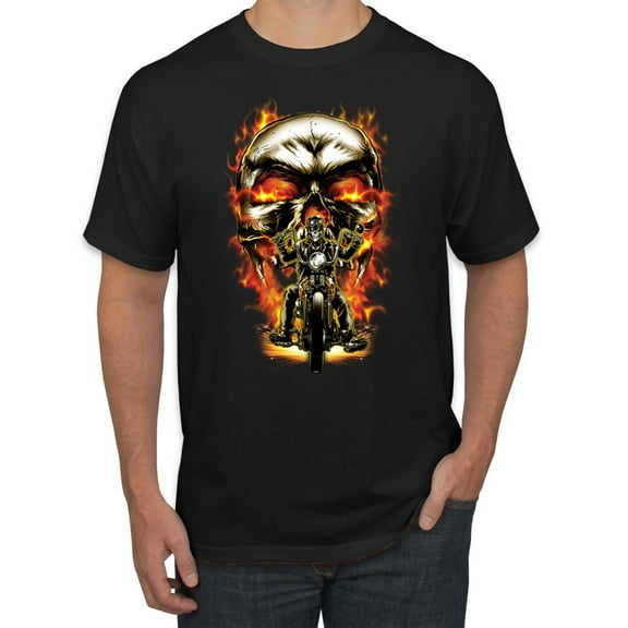 Wild Bobby, Flaming Motorycle Hell Fire Skull Biker, Graphic Tees, Black, Small