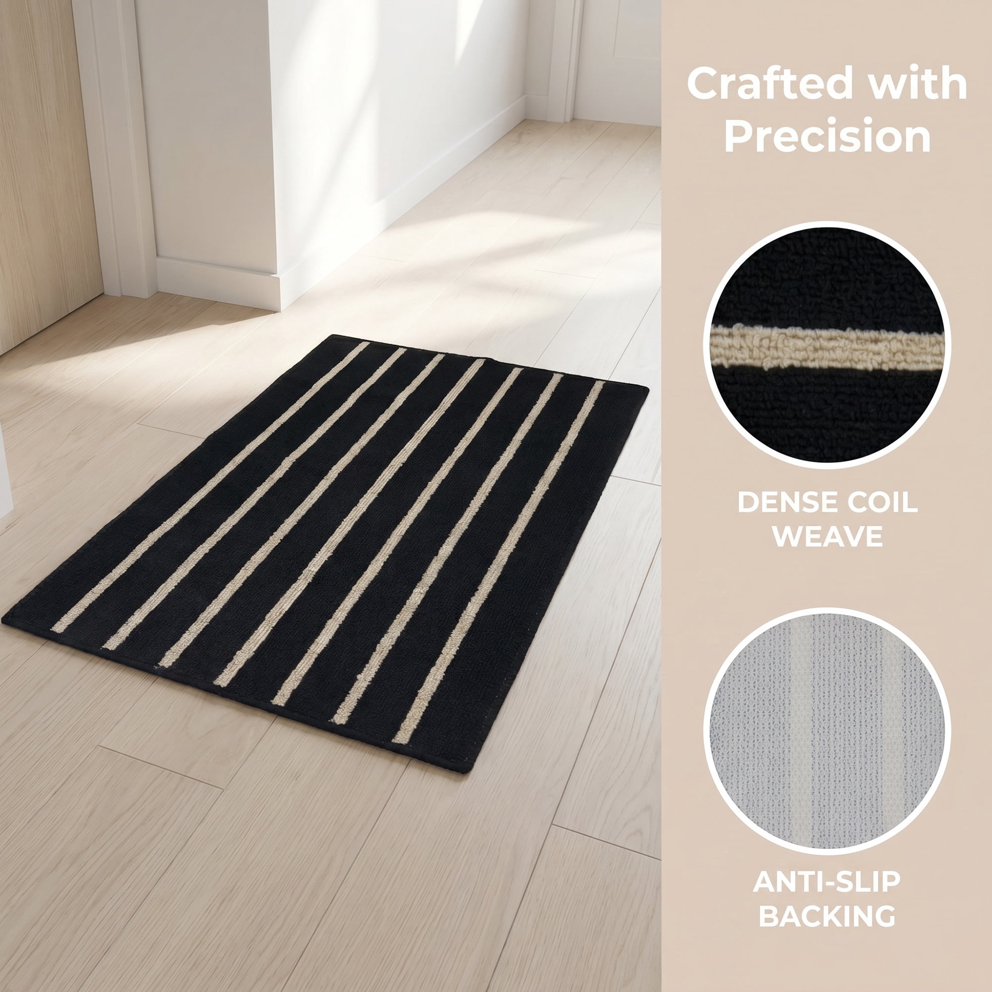 Unique Bargains Polypropylene Striped Non Slip Kitchen Runner Rug Black 32" x 20"