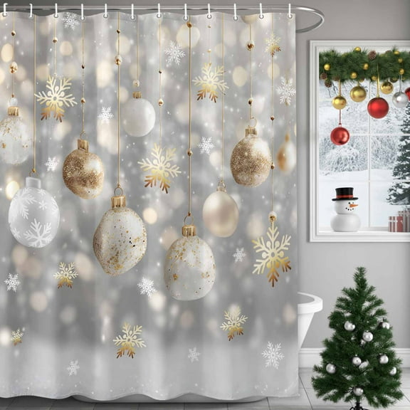 Merry Christmas Shower Curtains for Bathroom, Snowflake Gold Colored Ball Winter Waterproof Fabric Shower Curtain for Bathroom Bathtub Decoration, Machine Washable, 54x"78"