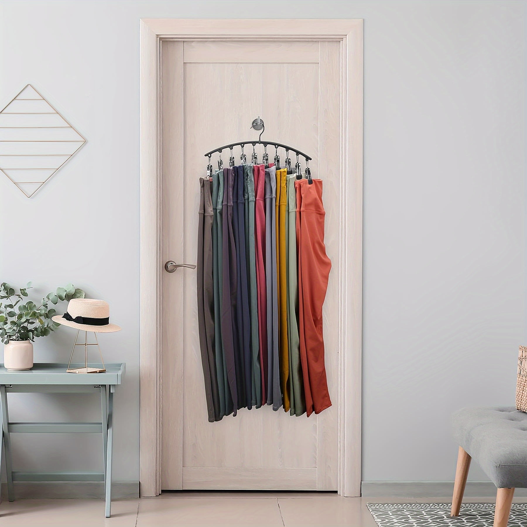 Legging Organizer for Closet, Metal Yoga Pants Hangers 1 Pack w/10 Clips Holds 10 Leggings, Space Saving Hanging w/Rubber Coated Closet Organizers and Storage, Green