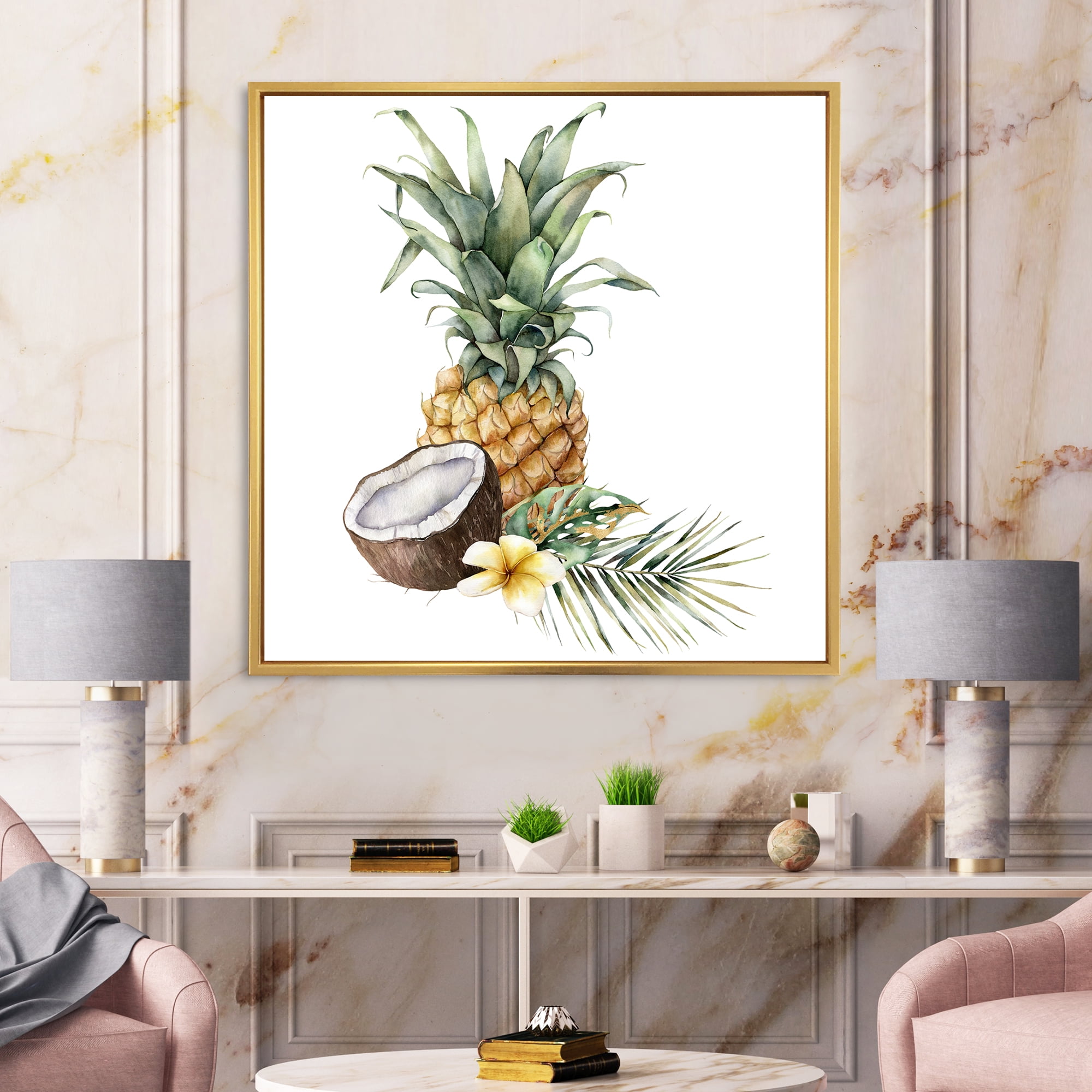 Designart 'Pineapple With Plumeria Coconut and Palm Leaves' Traditional Framed Canvas Wall Art Print