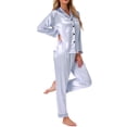 thumbnail image 4 of Pijamas de satén para mujer INSPIRE CHIC, ropa de dormir de manga larga con pantalones, conjuntos de lounge con botones y estampado floral, talla XL, rayas azules, 4 of 5