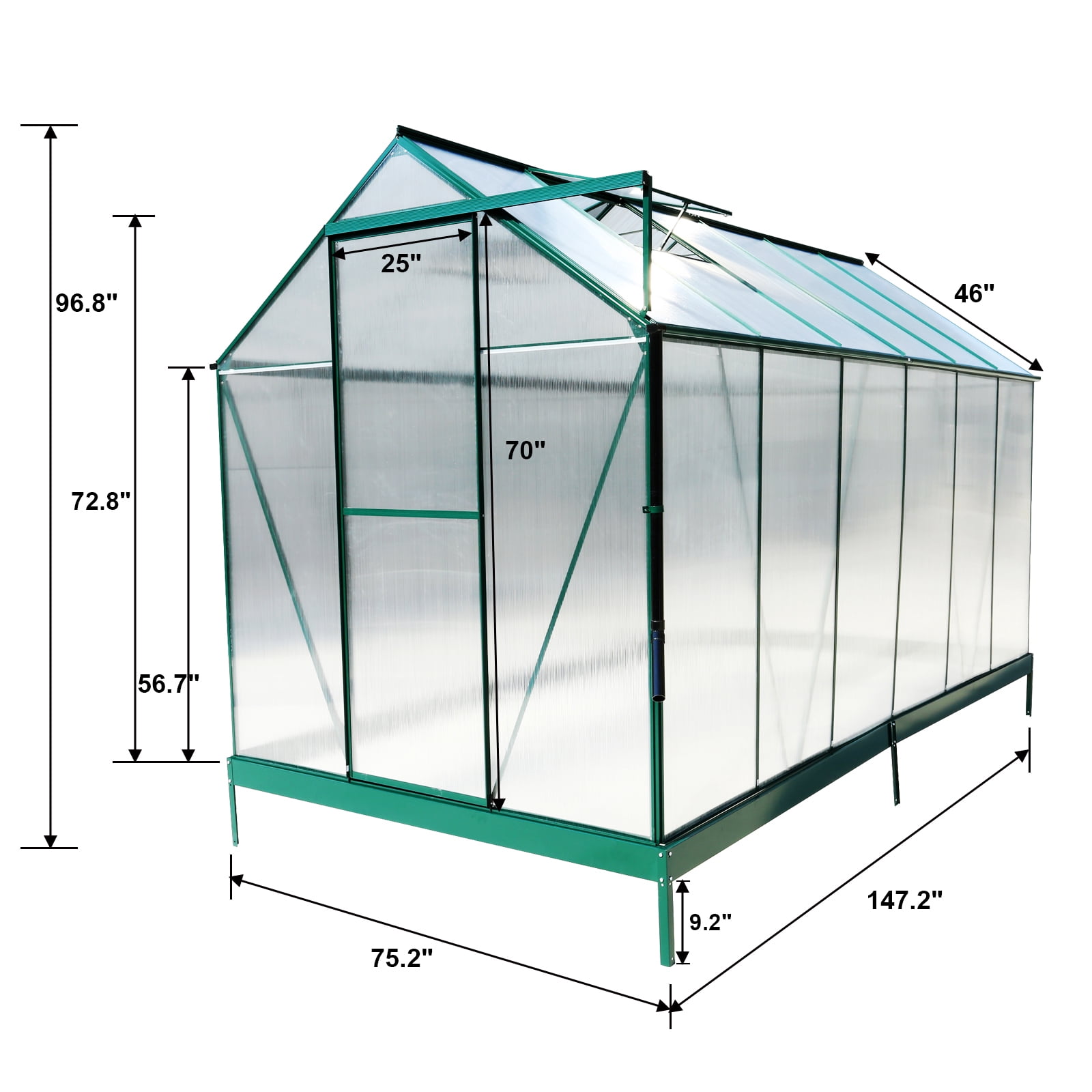 Ataucjin Polycarbonate Greenhouse, Walk In Greenhouse With Rain Sink, Sliding Door, Transparent Polycarbonate Panels, Aluminum Frame, Vent, Waterproof Outdoor Greenhouse