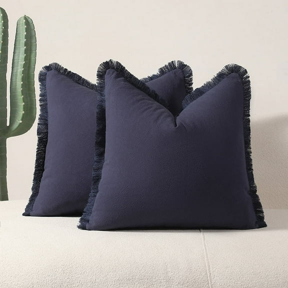 Firefly Hope 2-Pack 45*45cm Boho Farmhouse Linen Fringe Throw Pillows, Washed Cotton Tasseled Soft Accent Cushions for Couch & Bed, Navy Blue