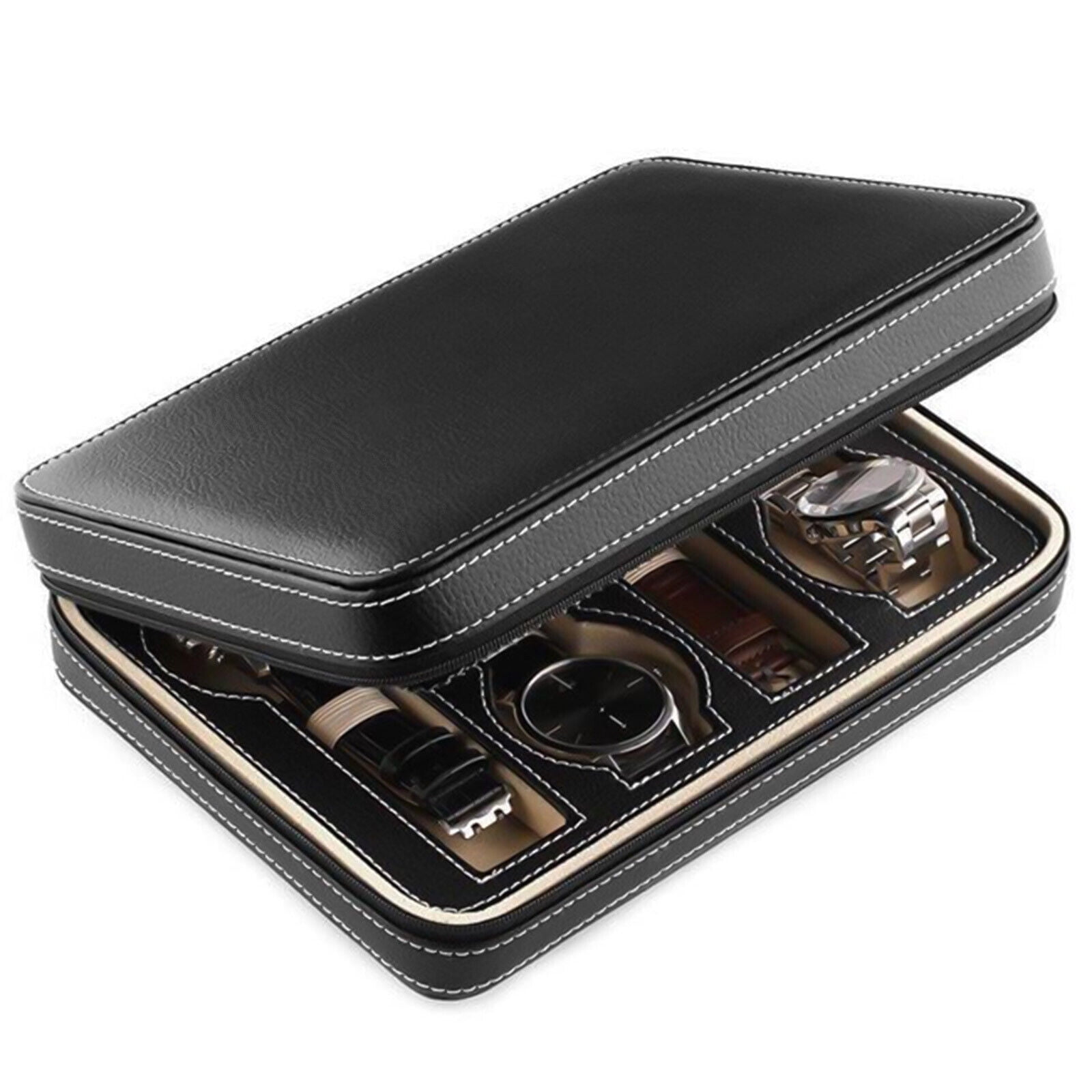 TFCFL Black Leather Watch Box Jewelry Case and Eyeglasses Storage and Sunglass Glasses Display Drawer Lockable Case Organizer (6 Watch Box Jewelry Cas