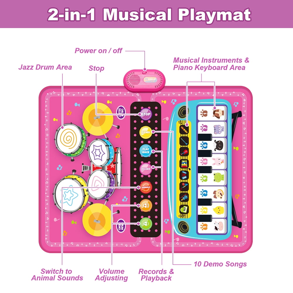 TIANLAIMEI Baby Piano Mat, 36" x 28" Drum Mat, Musical Playmat, Floor Keyboard Music Dance Touch Playmat Toy, Adjustable Volume/ Record/ Playback for Age 1-5 Years Old Toddler Boys Girls