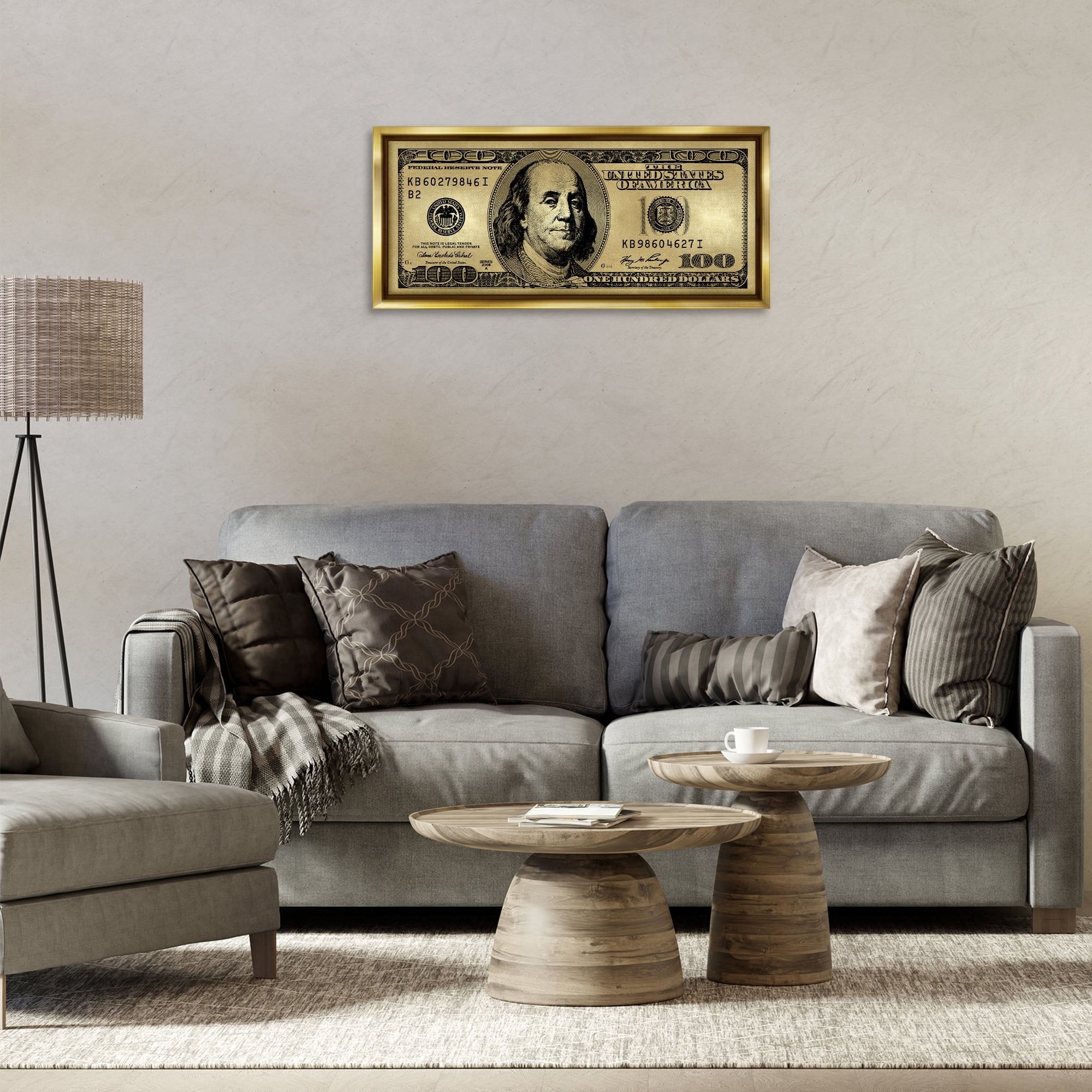 Stupell Industries Hundred Dollar Bill Novelty & Humor Painting Gold Floater Framed Canvas Art Print Wall Art, 31 x 14