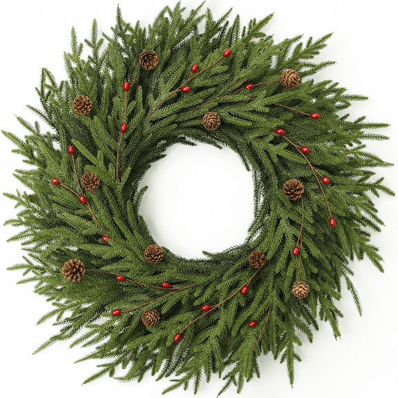 22" Christmas Norfolk Pine Wreath for Front Door – Artificial Xmas Wreath with Pine Cones & Red Berries, Pre-Decorated Holiday Wreath for Indoor Outdoor Home Wall Decor