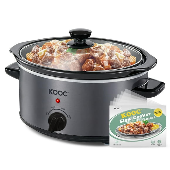 KOOC 4 Quart Slow Cooker, Free Liners Included for Easy Clean-up, 3 Temperature Settings, Dishwasher Safe Crock, Stainless Steel, GREY, Ellipse