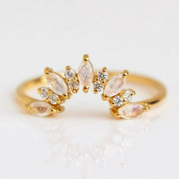 Rainbow Moonstone Curved Stacking Engagement Wedding Band Ring 925 Sterling Silver Yellow Gold Plated Gemstone Jewelry For Women Gift