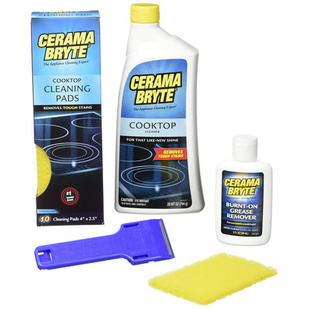 Cerama Bryte Best Value Kit: Ceramic Cooktop Cleaner 28oz, Scraper, 10 Pads, Burnt-on Grease Remover (Best Home Dry Cleaning Kit)