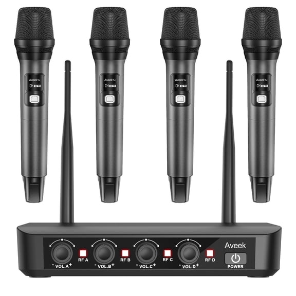 Aveek Wireless Microphone System,4-Channel Wireless Mic,262ft Range,40Hour Battery,Dynamic Microphones for Karaoke,Singing,Speech,Stage,Wedding,DJ