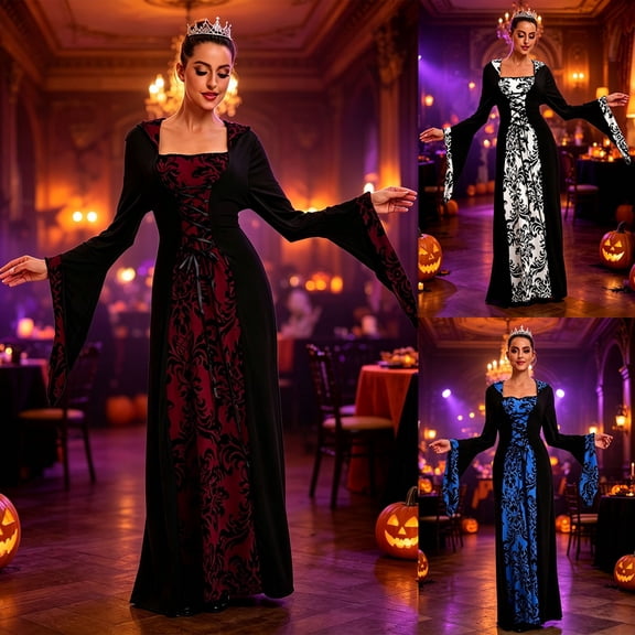 HOWPAY Halloween Dresses For Women Vintage Literary Medieval Hooded Swing Dress Elegant Long Fancy Outfit For Renaissance Cosplay Masquerade Party Halloween Costumes L