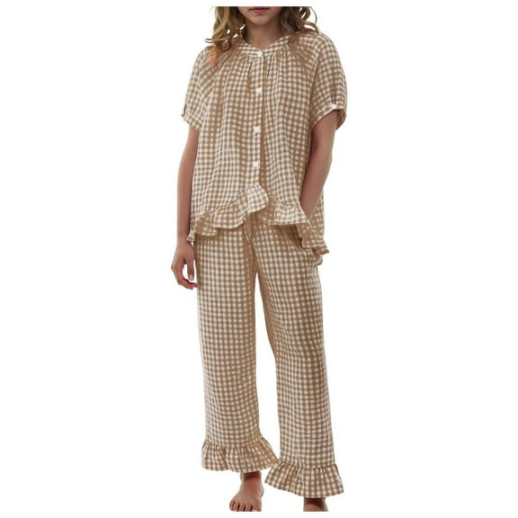 CHUMUD Women Plaid 2 Piece Pajama Set Button Down Puff Sleeve Babydoll Shirt Gingham Pants Pj Lounge Set Sleepwear Fall Matching Outfits