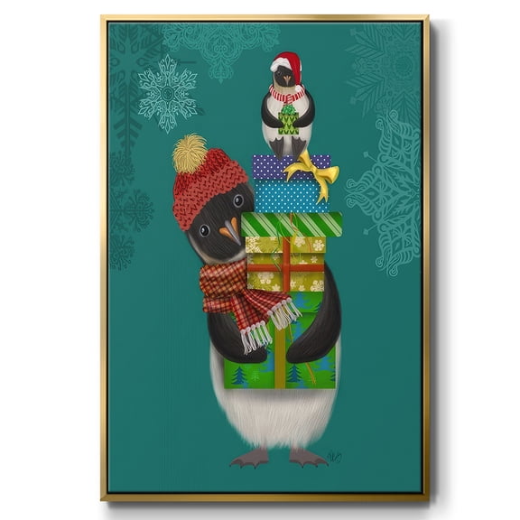 Christmas Penguin Gifts - Framed Gallery Wrapped Holiday Canvas - 17 x 25 - Gold Frame