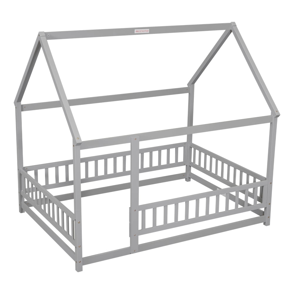 JINS and VICO Kids Girls Boys Full Montessori Pine / Plywood Floor Bed with Roof Design, Gray