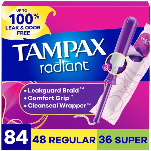 Tampax Radiant Tampons Multipack, with LeakGuard Braid, Regular/Super, 84 Count
