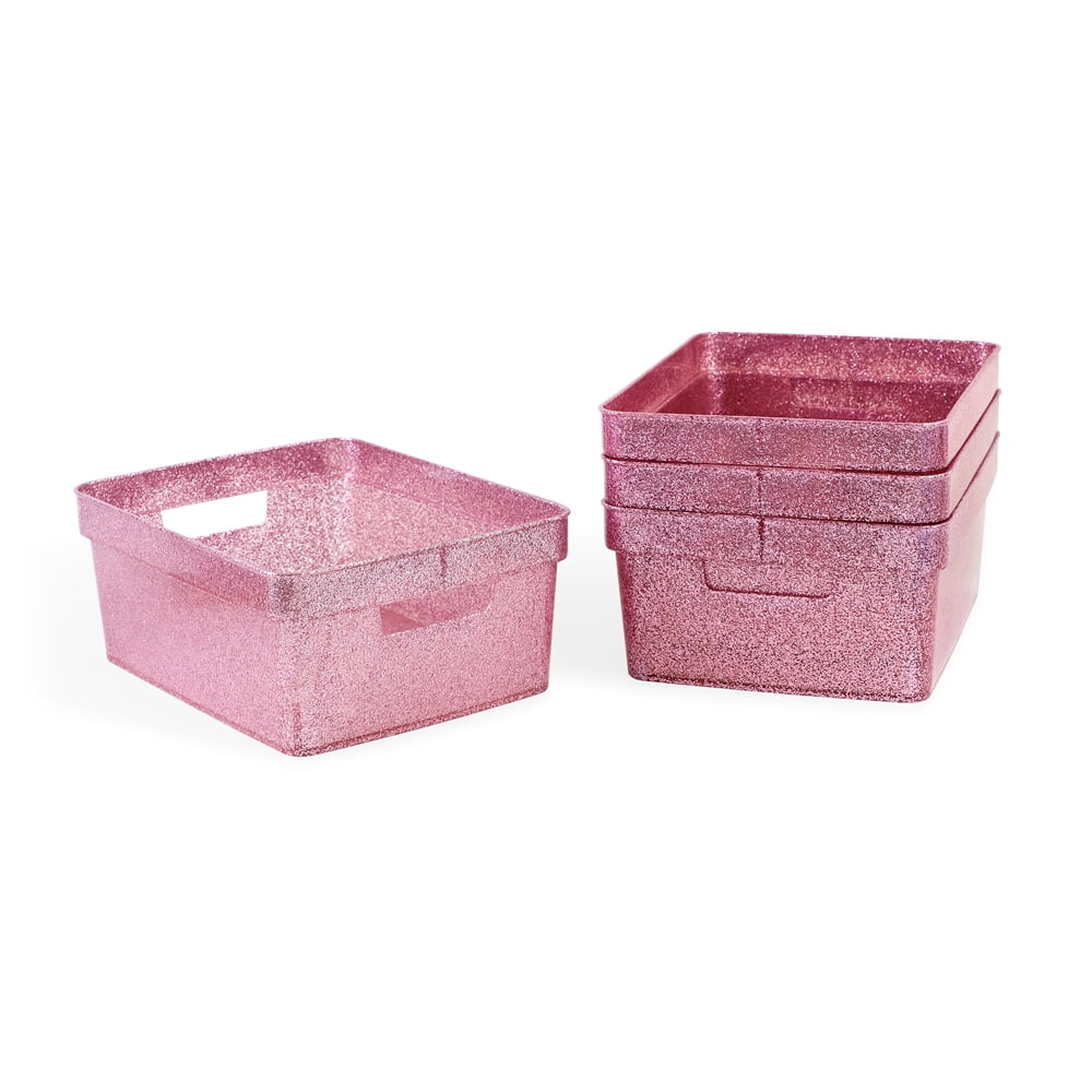 Isaac Jacobs 4-Pack Small Pink Glitter Storage Bin Set with Cutout Handles, Home Storage Solution