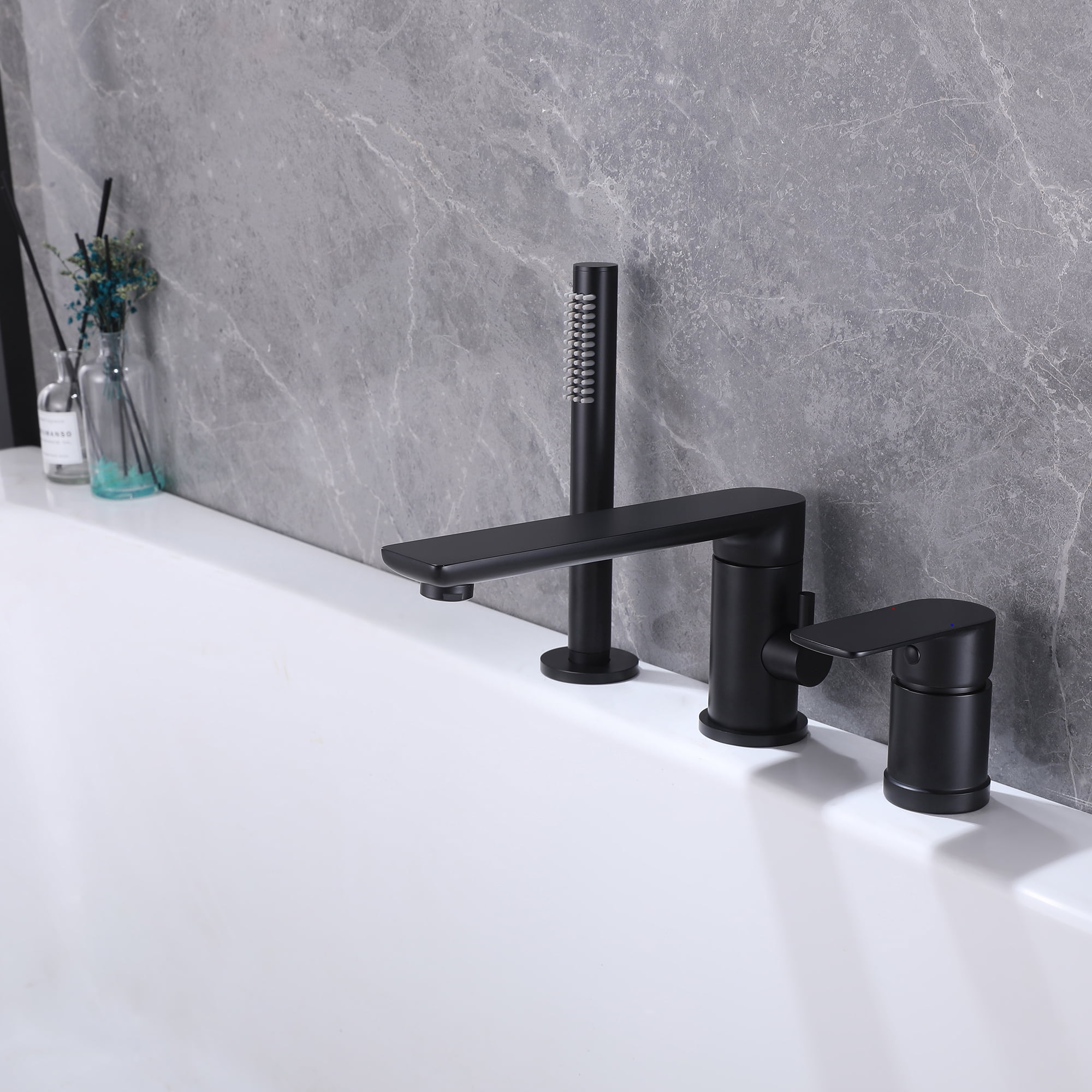 Three Holes Deck Mounted Bathroom 360 Degree Rotable Bathtub Faucet, Two Handles Roman Tub Filler with Hand Shower
