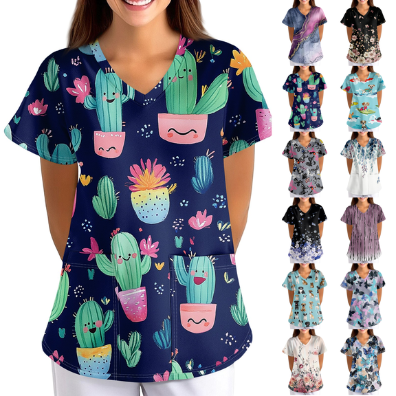 Printed Scrub Tops Women Plus Size Scrubs Stretchy Nursing Pediatric Uniforms Shirts with Pockets Navy S