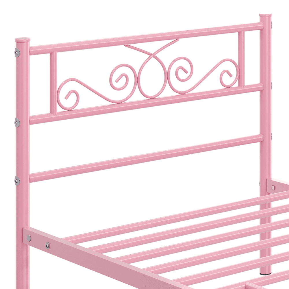 Renwick Graceful Scroll Metal Platform Bed with Headboard and Footboard, Twin, Pink