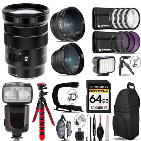 Sony E PZ 18-105mm f/4 G OSS Lens + LED Light + Tripod - 64GB Accessory Bundle