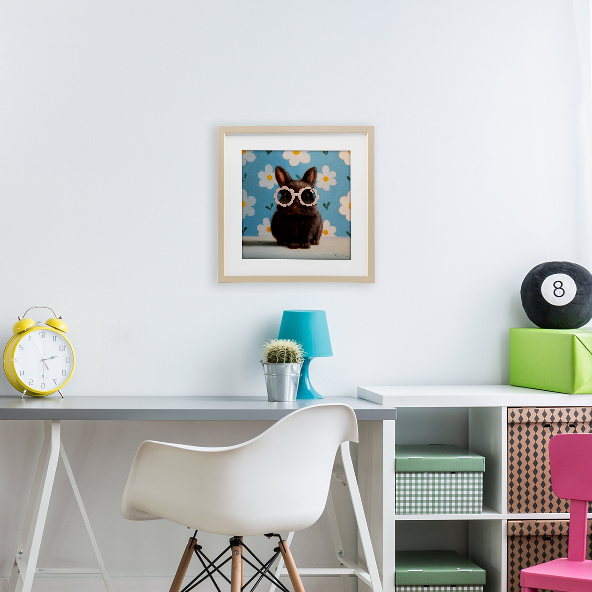 Flower Child Bunny Birch Framed Print Under Glass, design by Lucia Heffernan